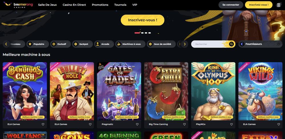 La page d'accueil de Boomerang Casino